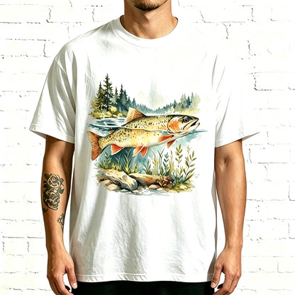 Pine Forest River Trout Watercolor Graphic Washed T-Shirt