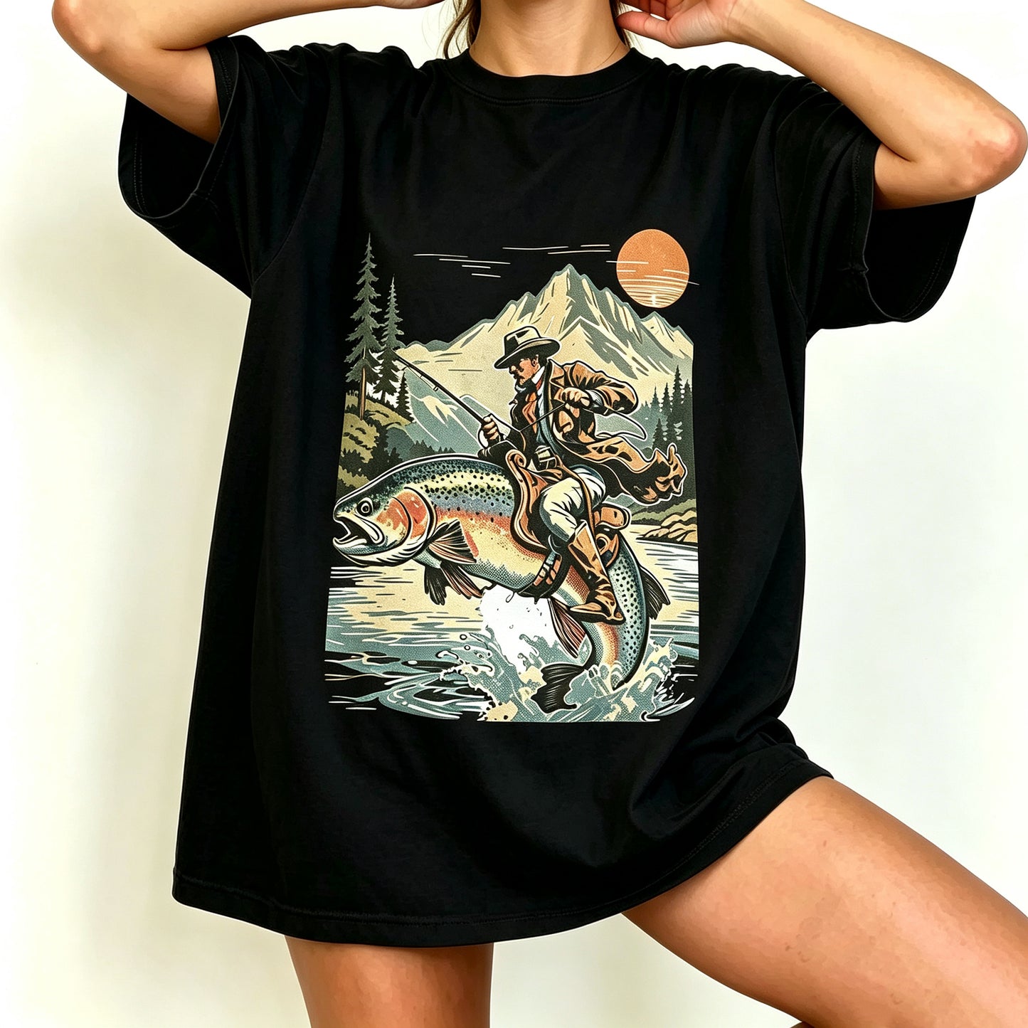 Western Cowboy Riding Jumping Trout Retro Fishing Graphic T-Shirt