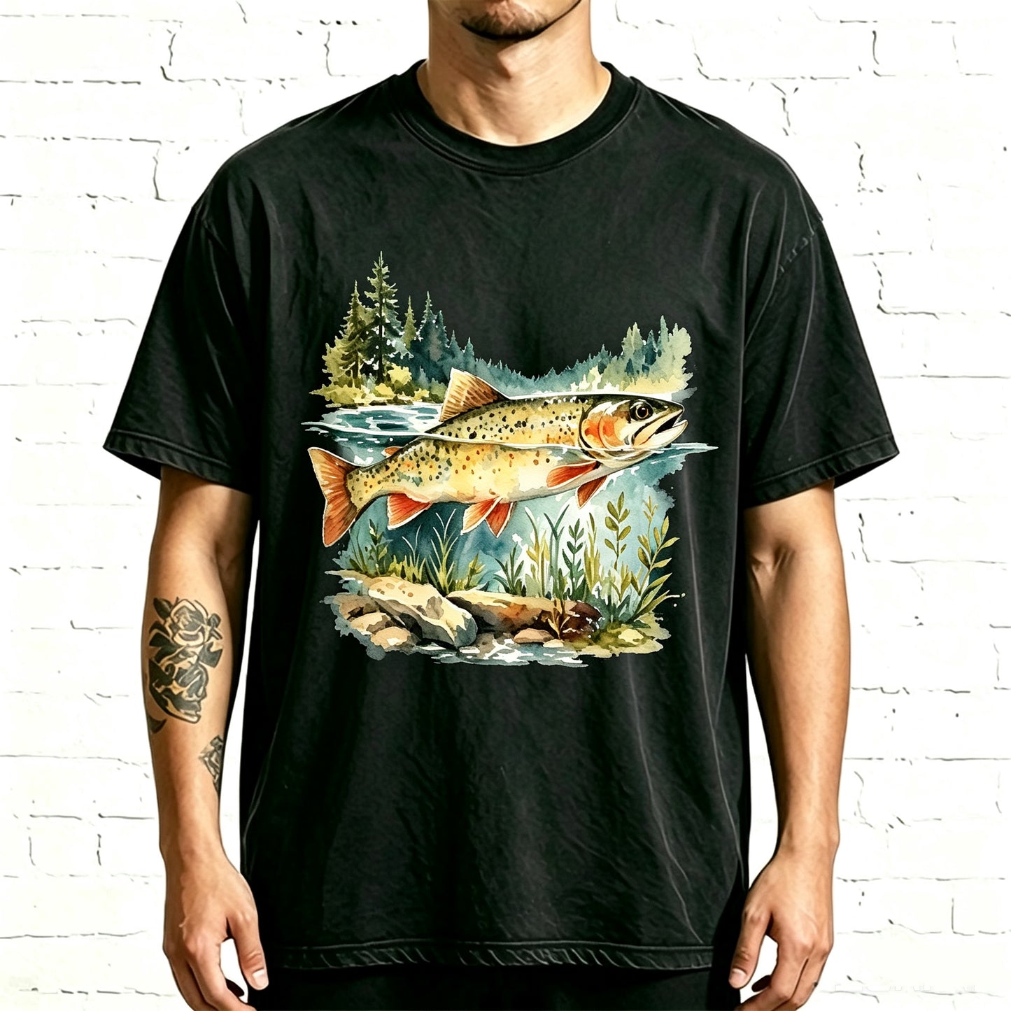 Pine Forest River Trout Watercolor Graphic Washed T-Shirt