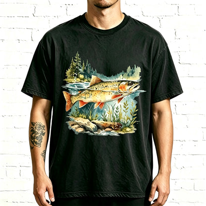 Pine Forest River Trout Watercolor Graphic Washed T-Shirt