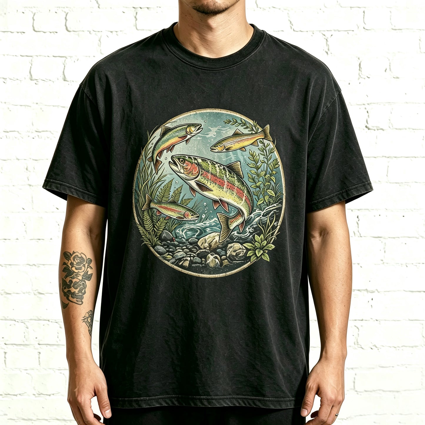 Retro Circle Rainbow Fisherman Outdoor Fishing Casual Print Tee