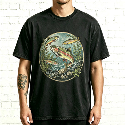 Retro Circle Rainbow Fisherman Outdoor Fishing Casual Print Tee