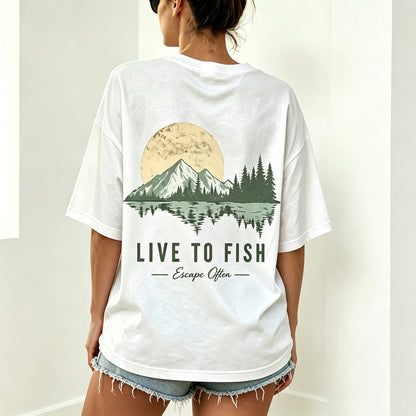 Live To Fish Escape Often Nature Mountain Sunset Fishing Graphic T-Shirt
