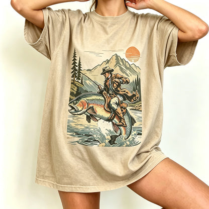 Western Cowboy Riding Jumping Trout Retro Fishing Graphic T-Shirt