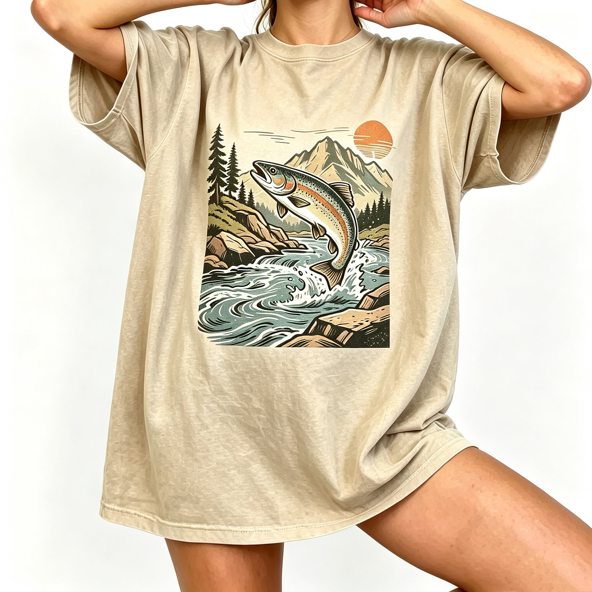 Retro Jumping Rainbow Trout River Sunset Fishing Graphic T-Shirt