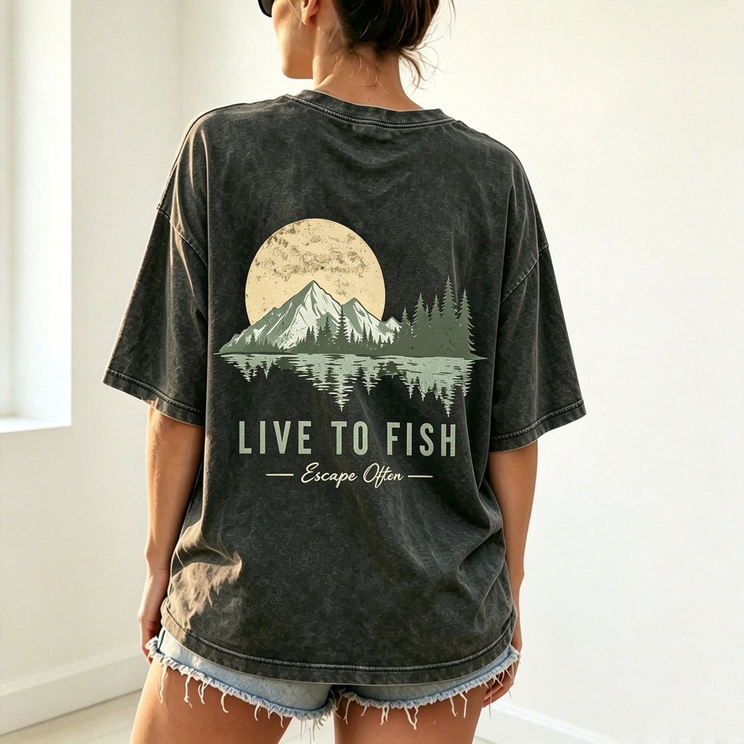 Live To Fish Escape Often Nature Mountain Sunset Fishing Graphic T-Shirt