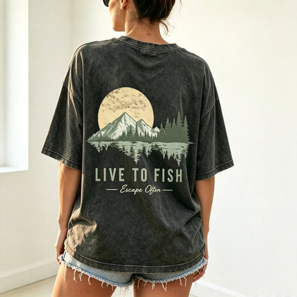 Live To Fish Escape Often Nature Mountain Sunset Fishing Graphic T-Shirt