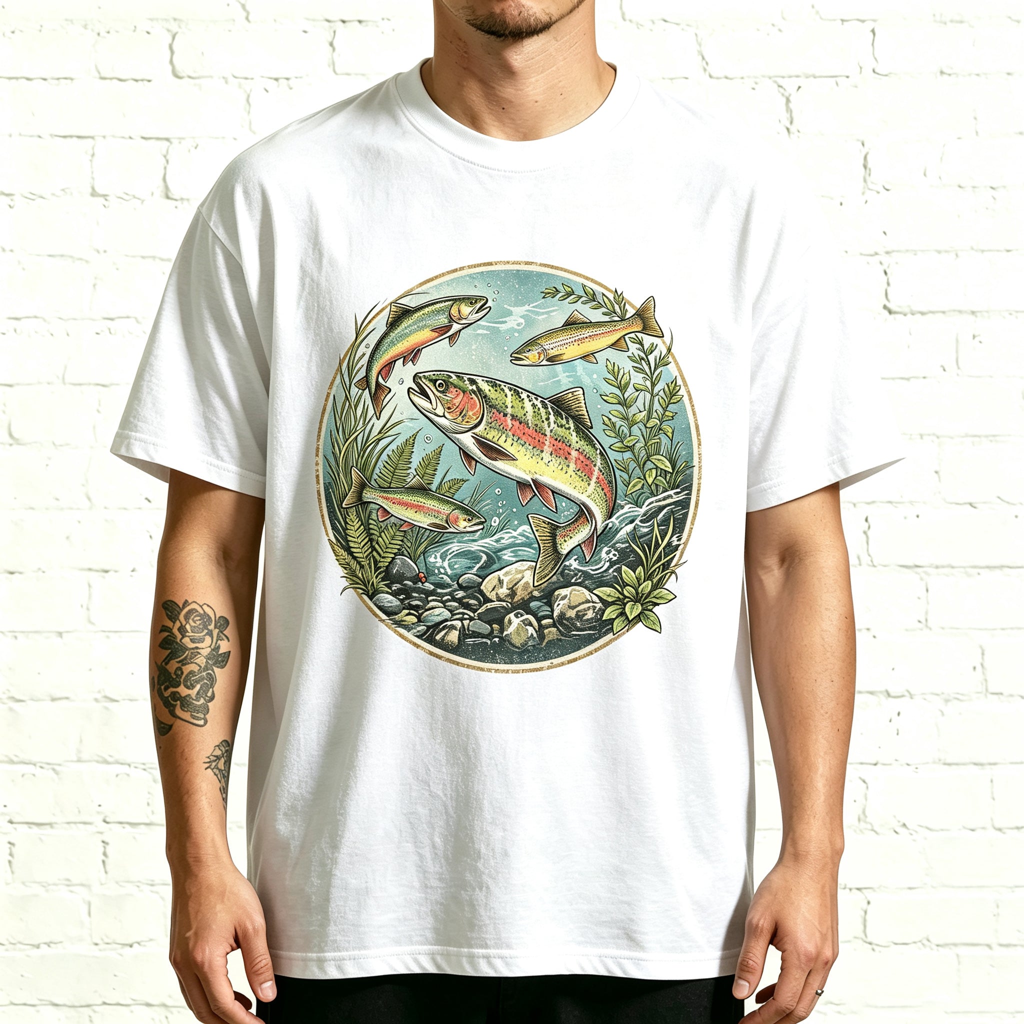 Retro Circle Rainbow Fisherman Outdoor Fishing Casual Print Tee