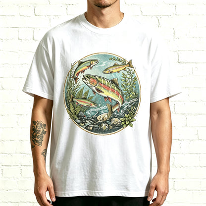 Retro Circle Rainbow Fisherman Outdoor Fishing Casual Print Tee