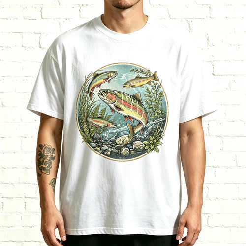 Retro Circle Rainbow Fisherman Outdoor Fishing Casual Print Tee