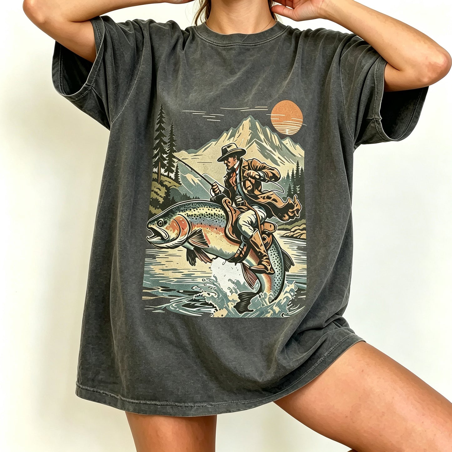 Western Cowboy Riding Jumping Trout Retro Fishing Graphic T-Shirt