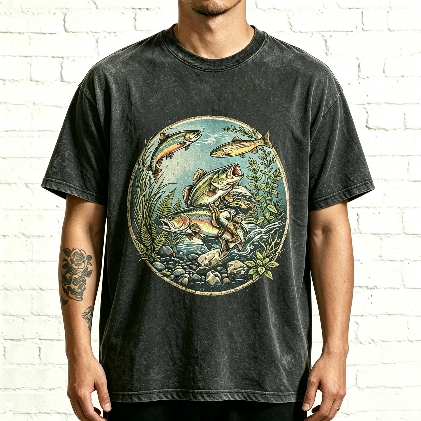Retro Circle Rainbow Fisherman Outdoor Fishing Casual Print Tee