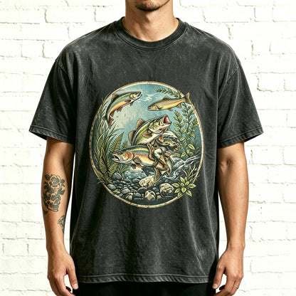 Retro Circle Rainbow Fisherman Outdoor Fishing Casual Print Tee