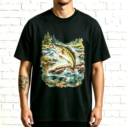 Watercolor Largemouth Bass Mountain Stream Fishing T-Shirt