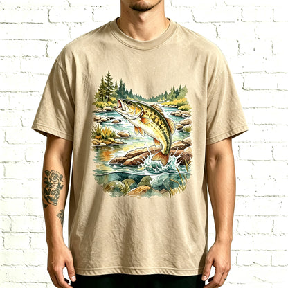 Watercolor Largemouth Bass Mountain Stream Fishing T-Shirt