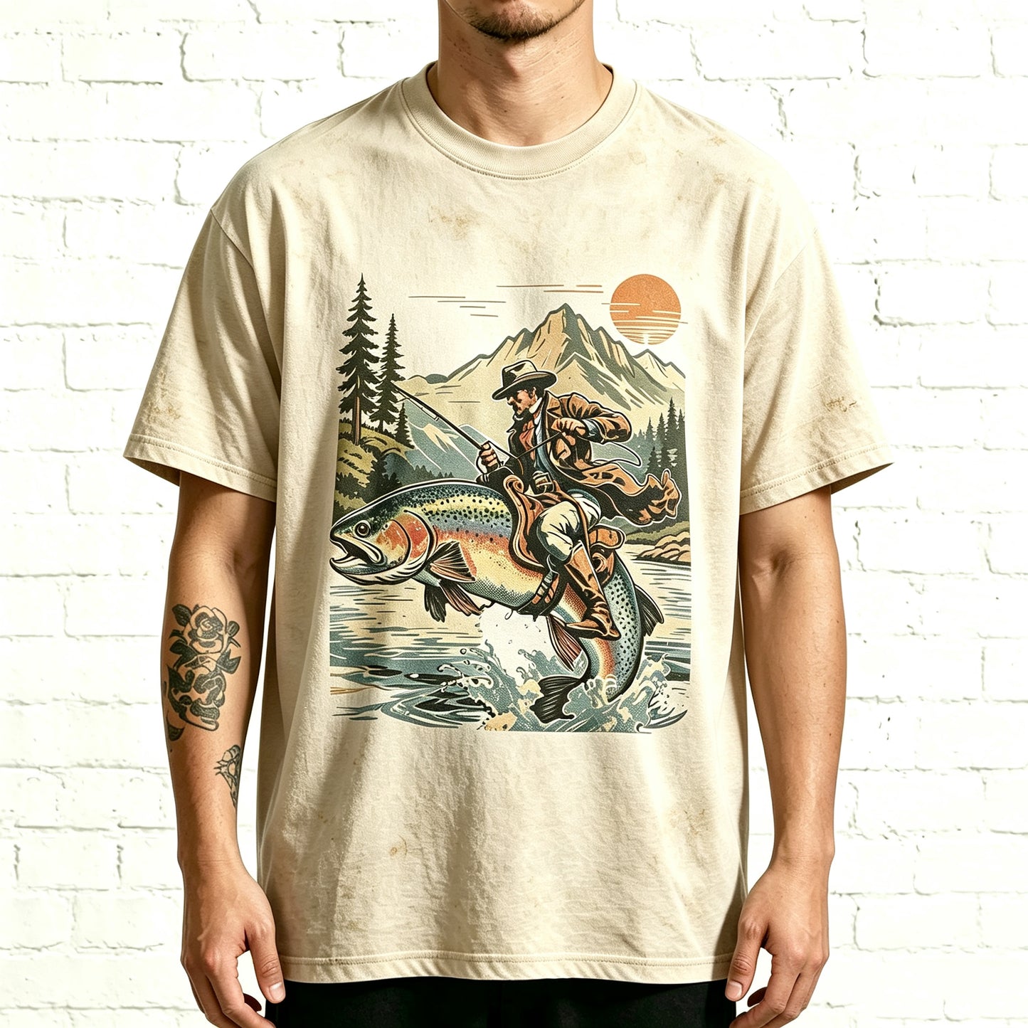 Western Cowboy Riding Jumping Trout Retro Fishing Graphic T-Shirt