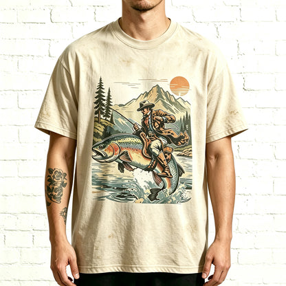 Western Cowboy Riding Jumping Trout Retro Fishing Graphic T-Shirt