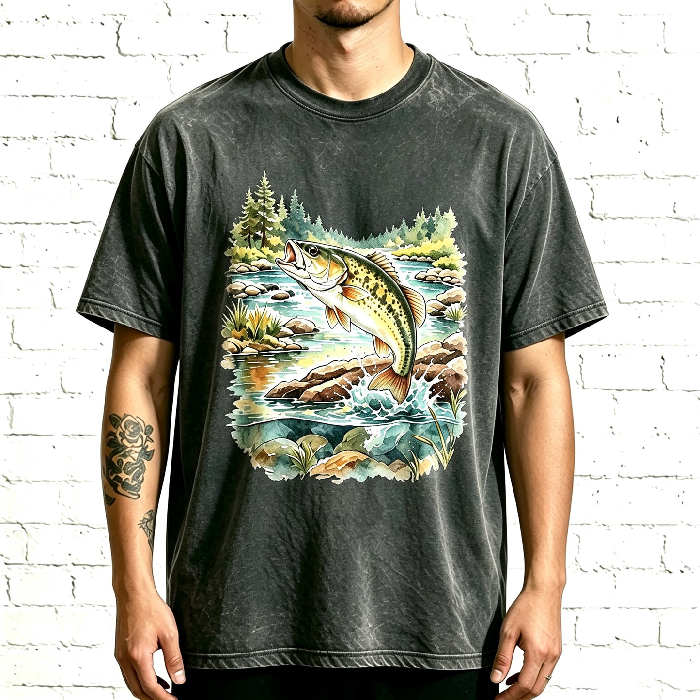 Watercolor Largemouth Bass Mountain Stream Fishing T-Shirt