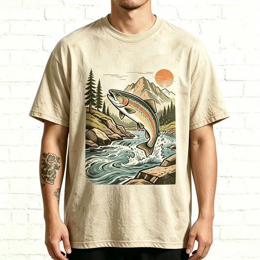 Retro Jumping Rainbow Trout River Sunset Fishing Graphic T-Shirt
