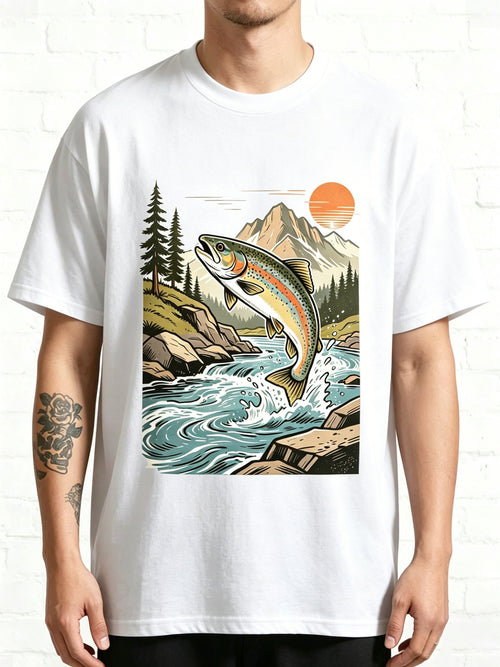 Retro Jumping Rainbow Trout River Sunset Fishing Graphic T-Shirt