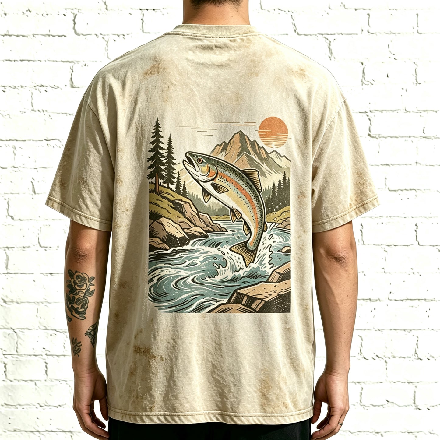 Retro Sunset Mountain Trout Fisherman Oversized Back Print T-Shirt