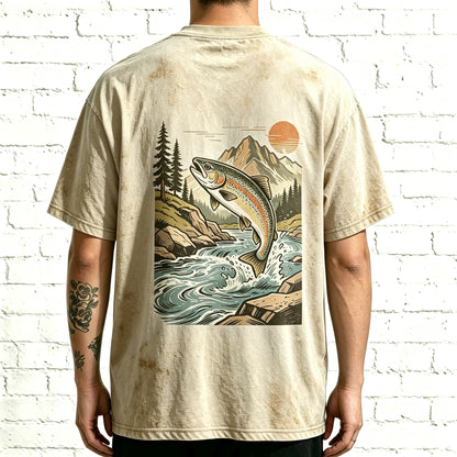 Retro Sunset Mountain Trout Fisherman Oversized Back Print T-Shirt