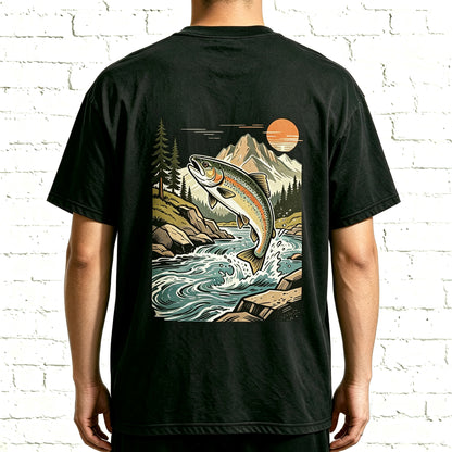 Retro Sunset Mountain Trout Fisherman Oversized Back Print T-Shirt