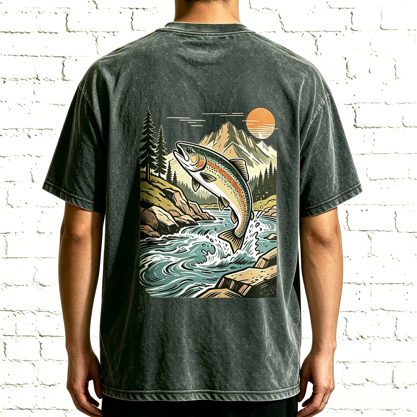 Retro Sunset Mountain Trout Fisherman Oversized Back Print T-Shirt