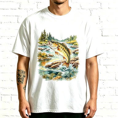 Watercolor Largemouth Bass Mountain Stream Fishing T-Shirt