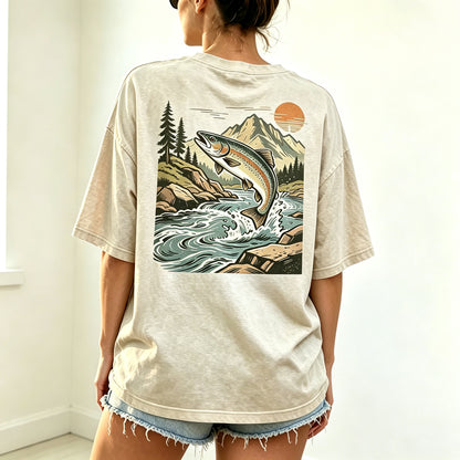 Retro Sunset Mountain Trout Fisherman Oversized Back Print T-Shirt