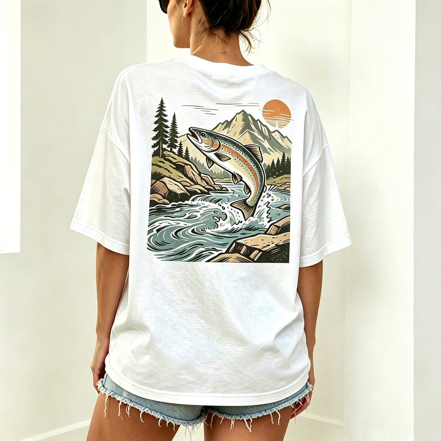 Retro Sunset Mountain Trout Fisherman Oversized Back Print T-Shirt