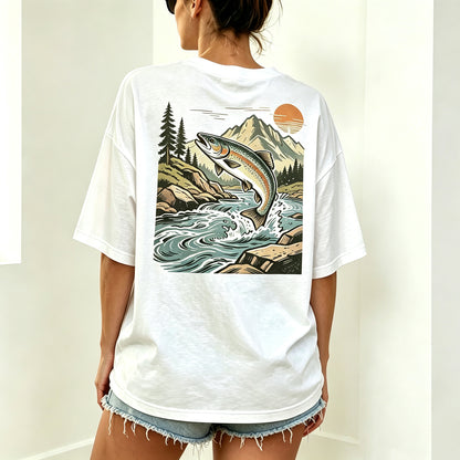 Retro Sunset Mountain Trout Fisherman Oversized Back Print T-Shirt