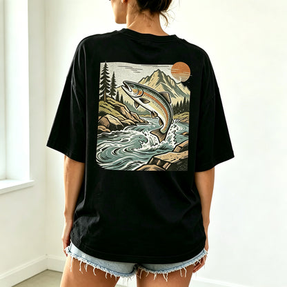 Retro Sunset Mountain Trout Fisherman Oversized Back Print T-Shirt