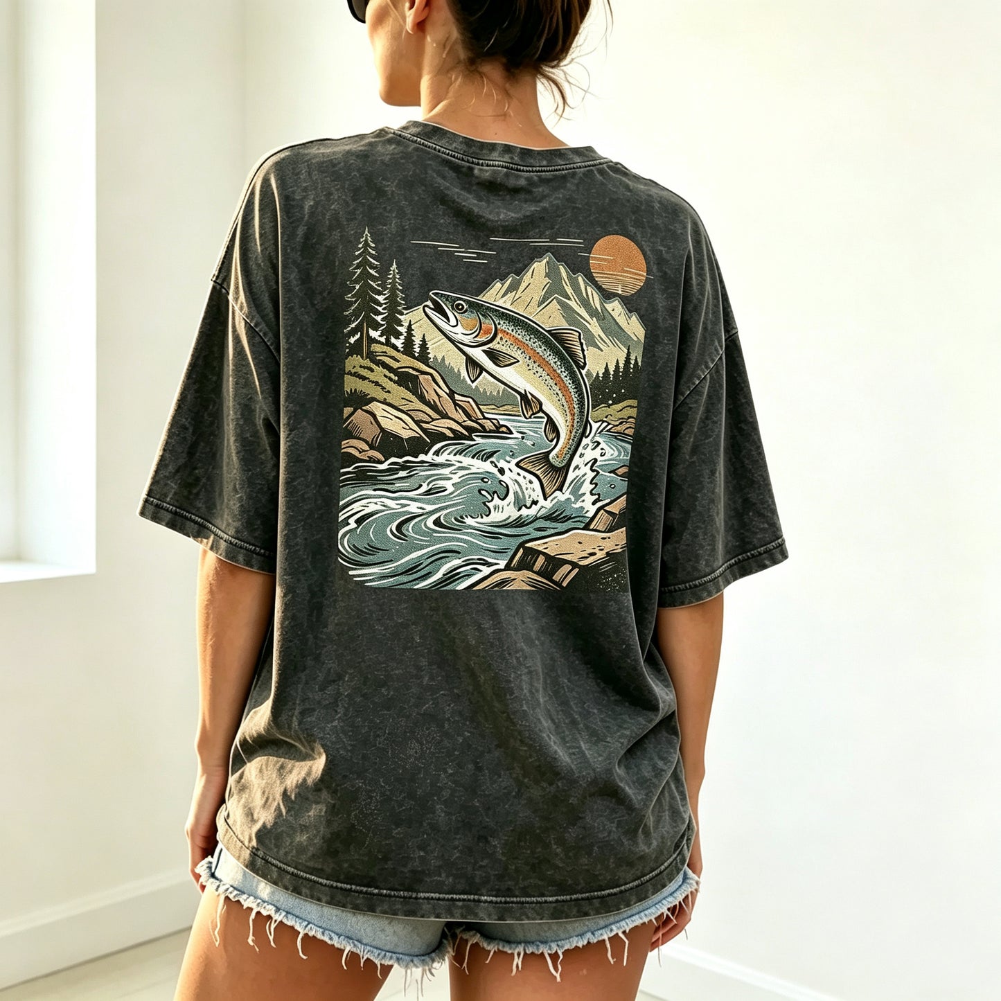 Retro Sunset Mountain Trout Fisherman Oversized Back Print T-Shirt