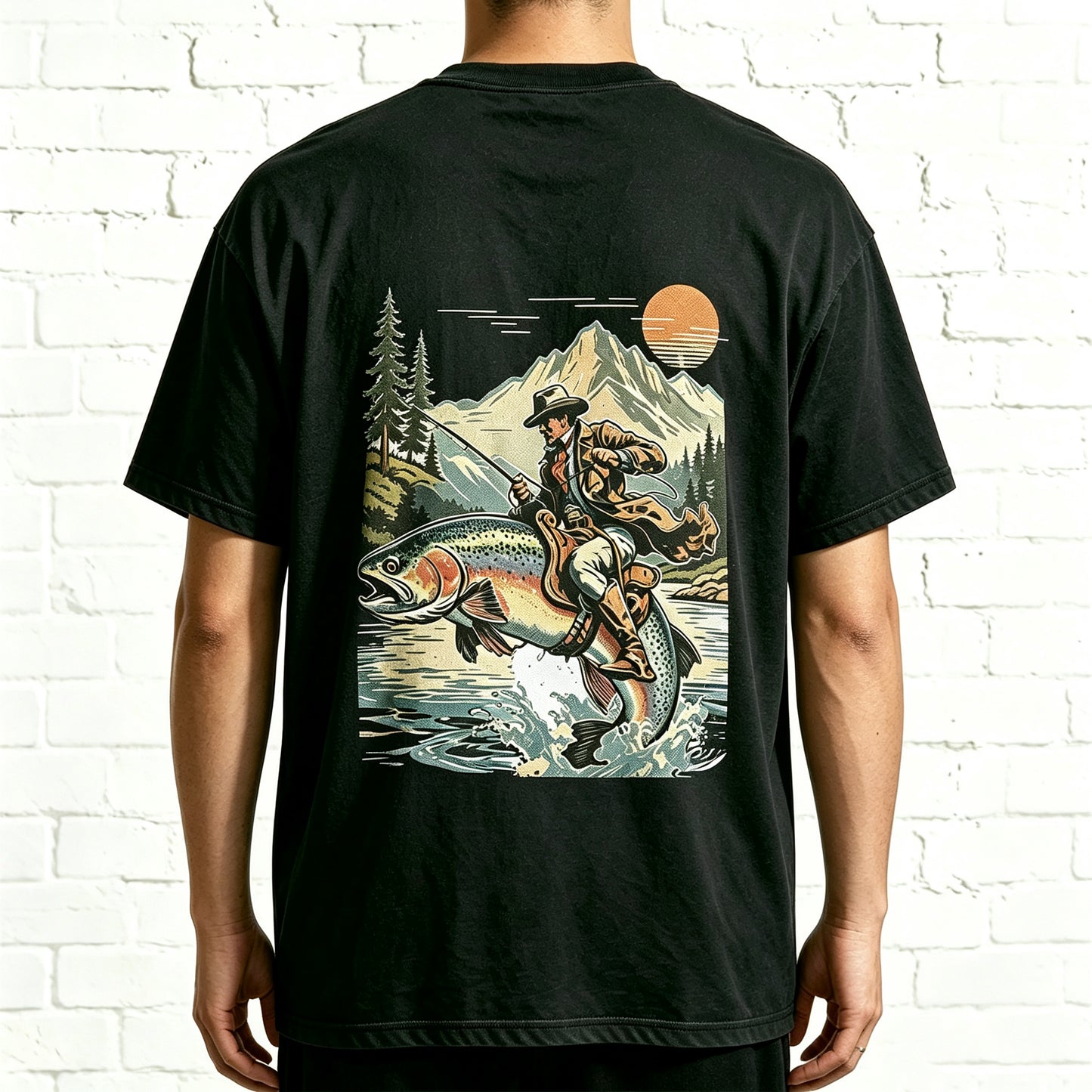 Western Cowboy Angler Riding Trout Retro Outdoor Oversized T-Shirt