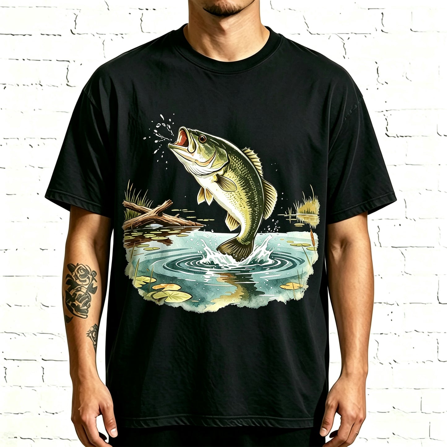 Vintage Jumping Largemouth Bass Lake Fishing T-Shirt
