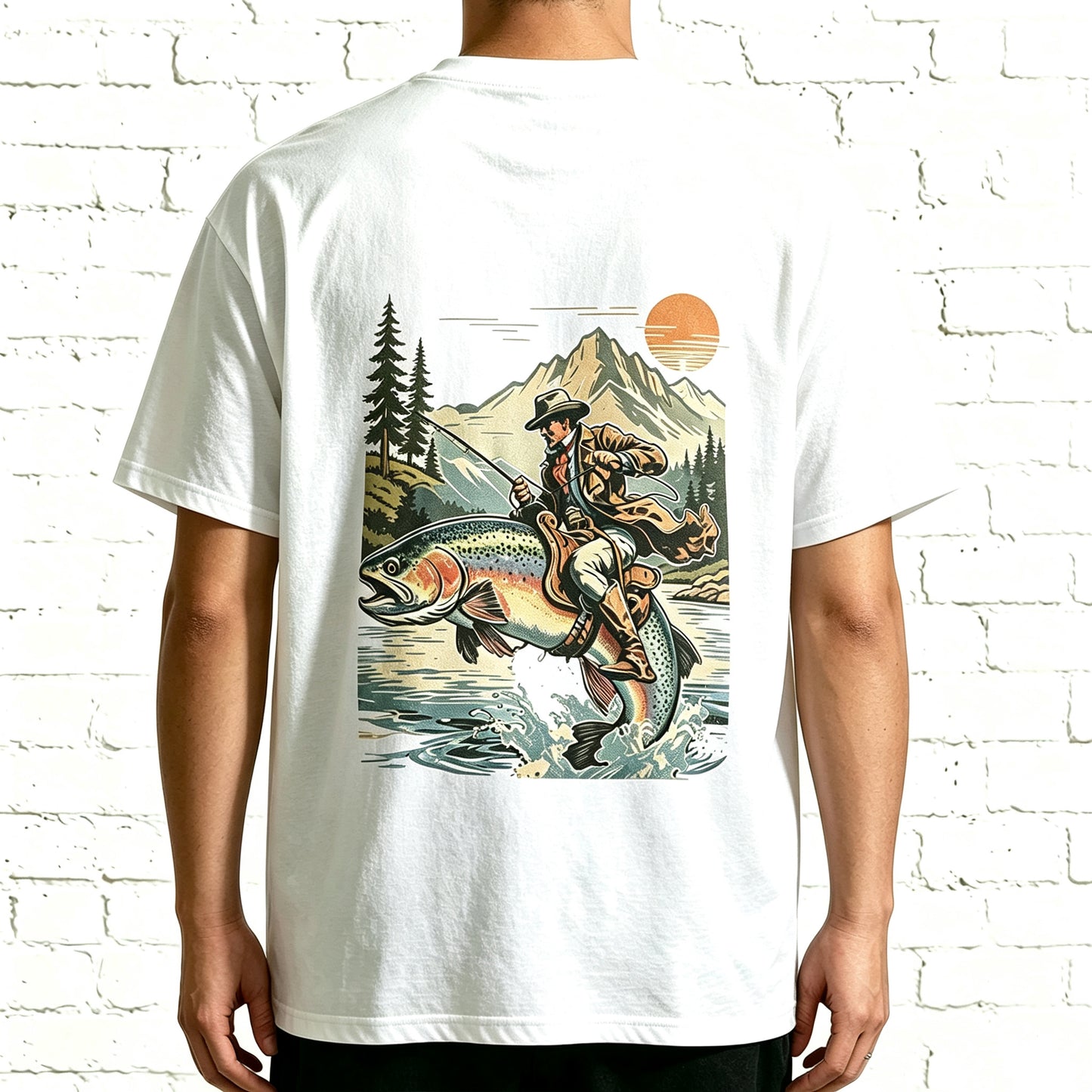 Western Cowboy Angler Riding Trout Retro Outdoor Oversized T-Shirt