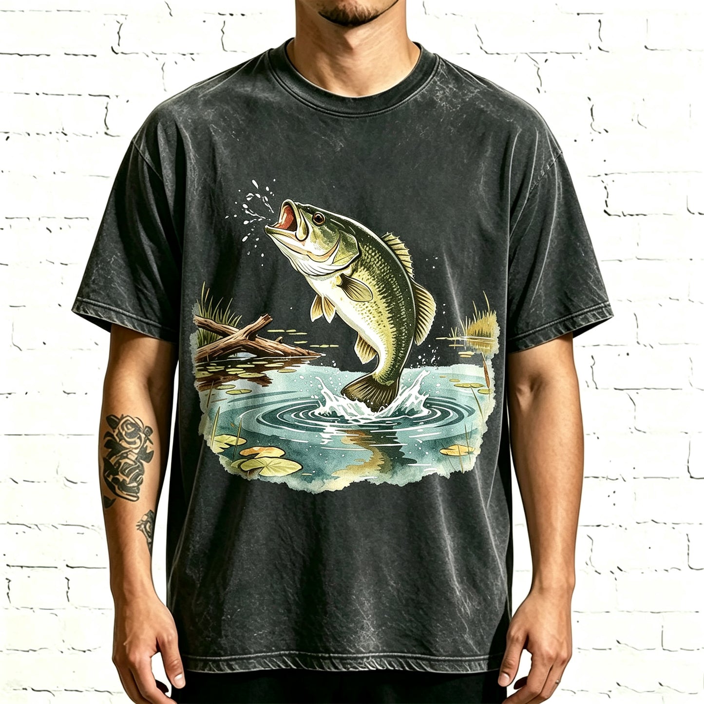 Vintage Jumping Largemouth Bass Lake Fishing T-Shirt