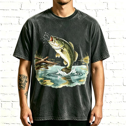 Vintage Jumping Largemouth Bass Lake Fishing T-Shirt