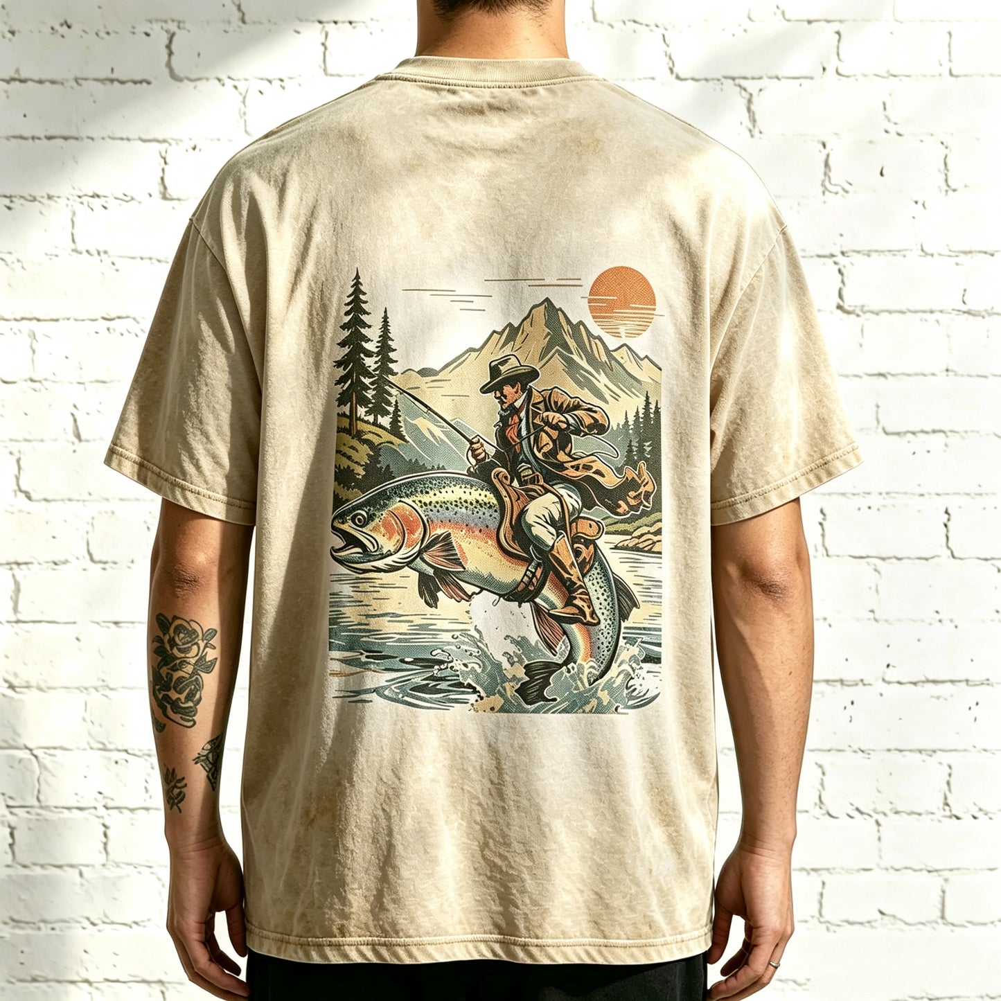 Western Cowboy Angler Riding Trout Retro Outdoor Oversized T-Shirt