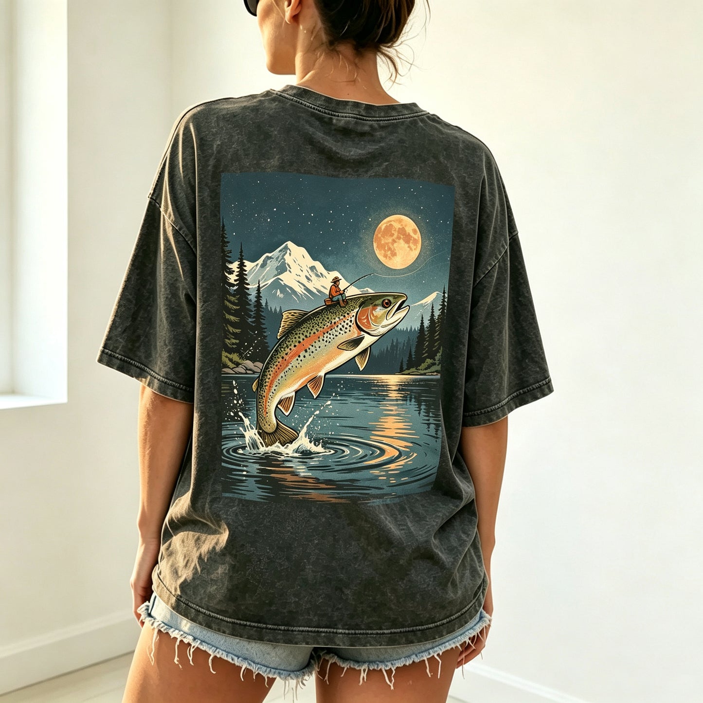 Night Mountain Full Moon Trout Fisherman Vintage Fishing Graphic T-Shirt