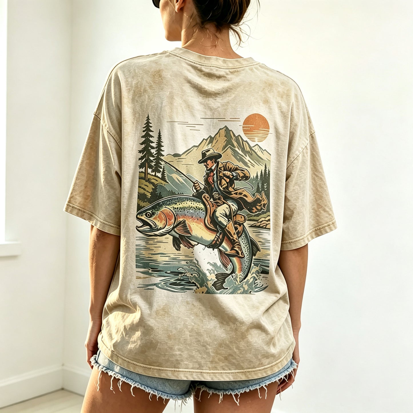 Western Cowboy Angler Riding Trout Retro Outdoor Oversized T-Shirt