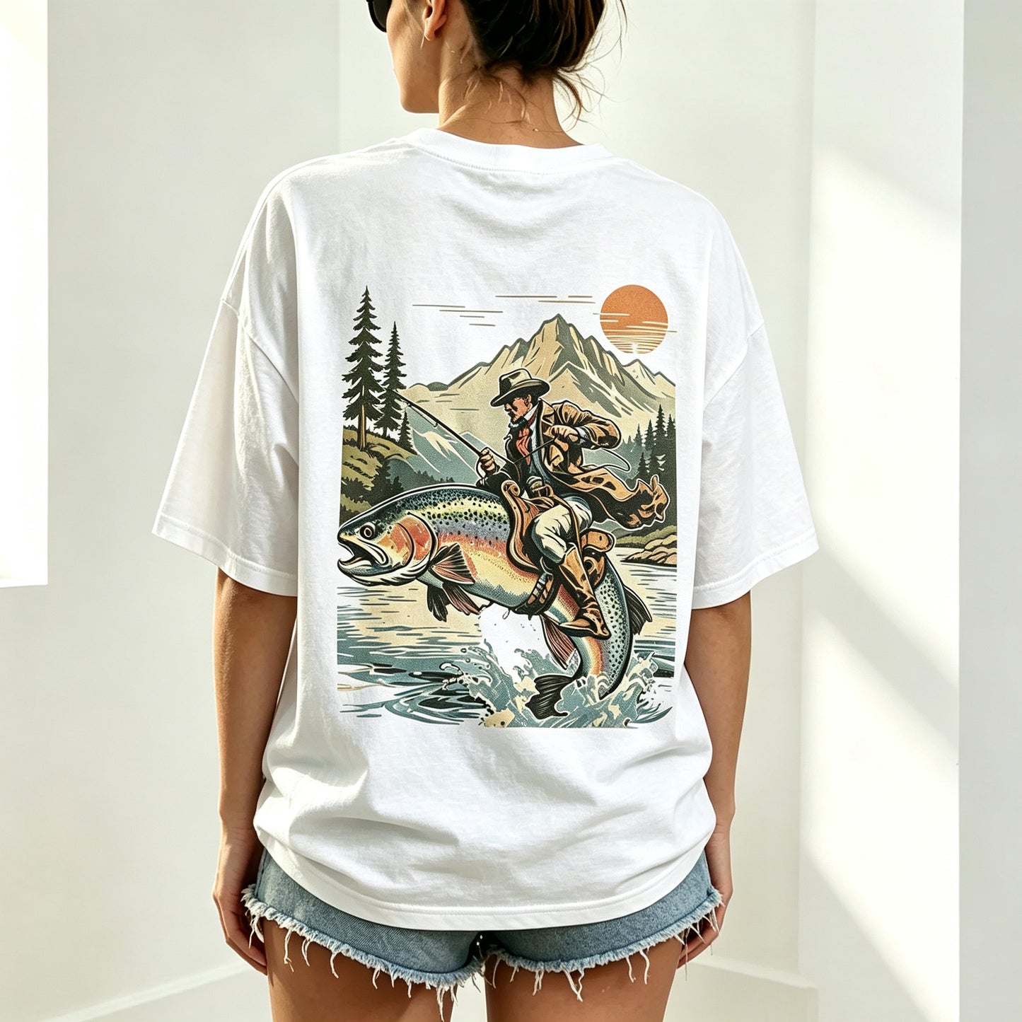 Western Cowboy Angler Riding Trout Retro Outdoor Oversized T-Shirt