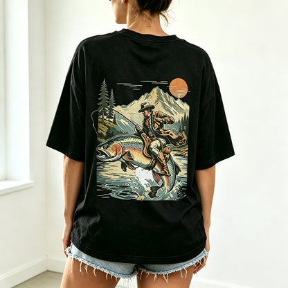 Western Cowboy Angler Riding Trout Retro Outdoor Oversized T-Shirt