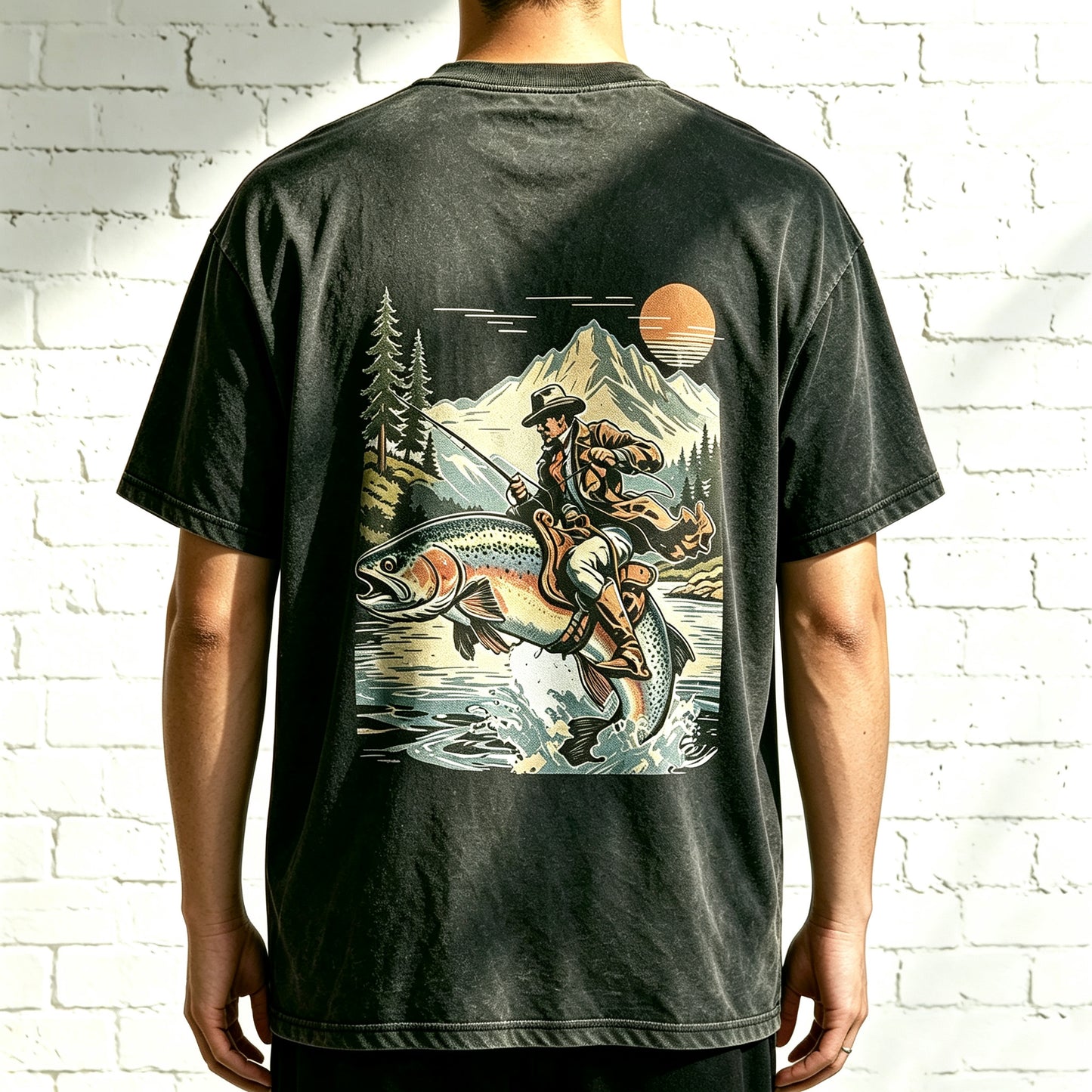 Western Cowboy Angler Riding Trout Retro Outdoor Oversized T-Shirt