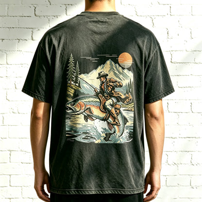 Western Cowboy Angler Riding Trout Retro Outdoor Oversized T-Shirt
