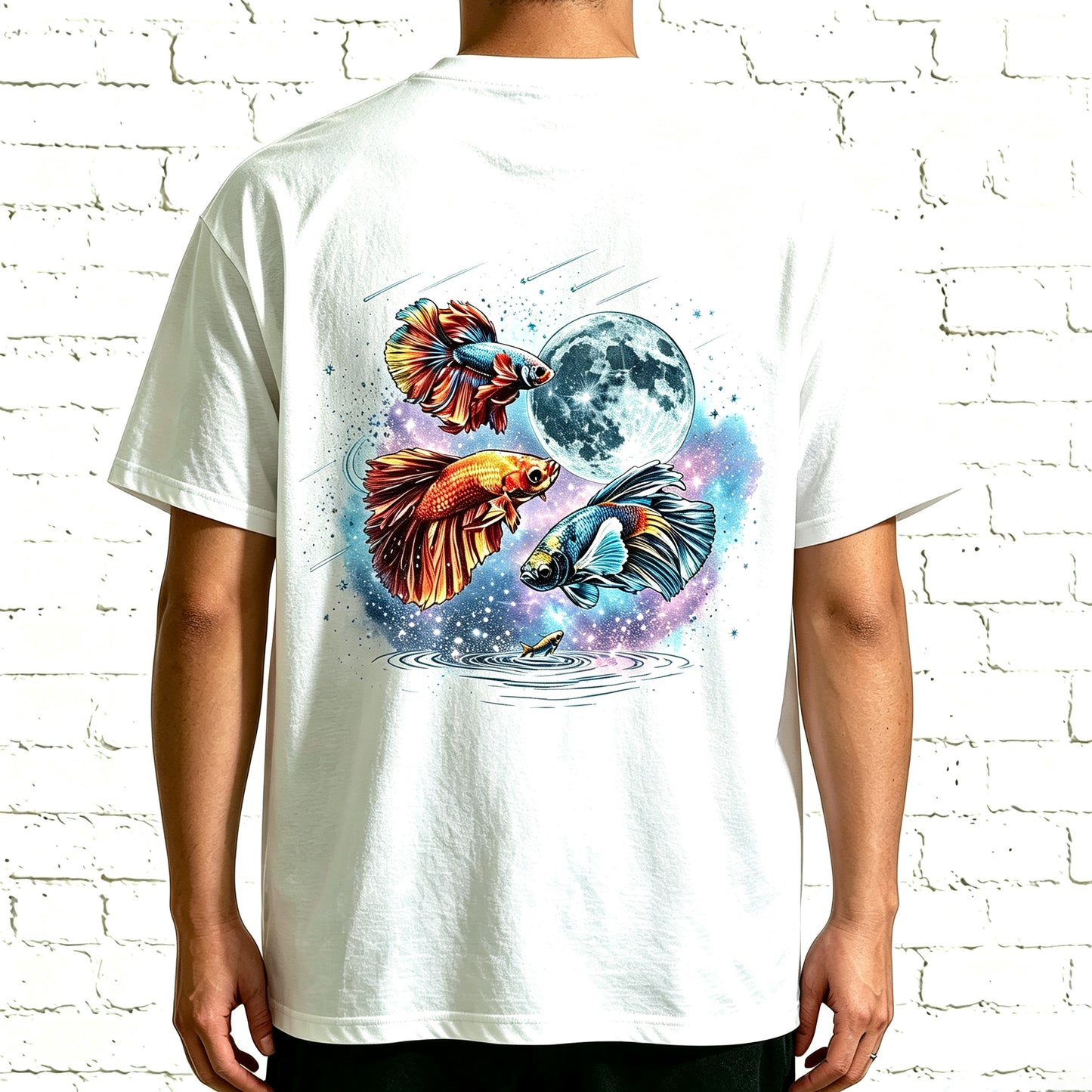 Moon Galaxy Watercolor Betta Fish Full Back Print Unisex Tee