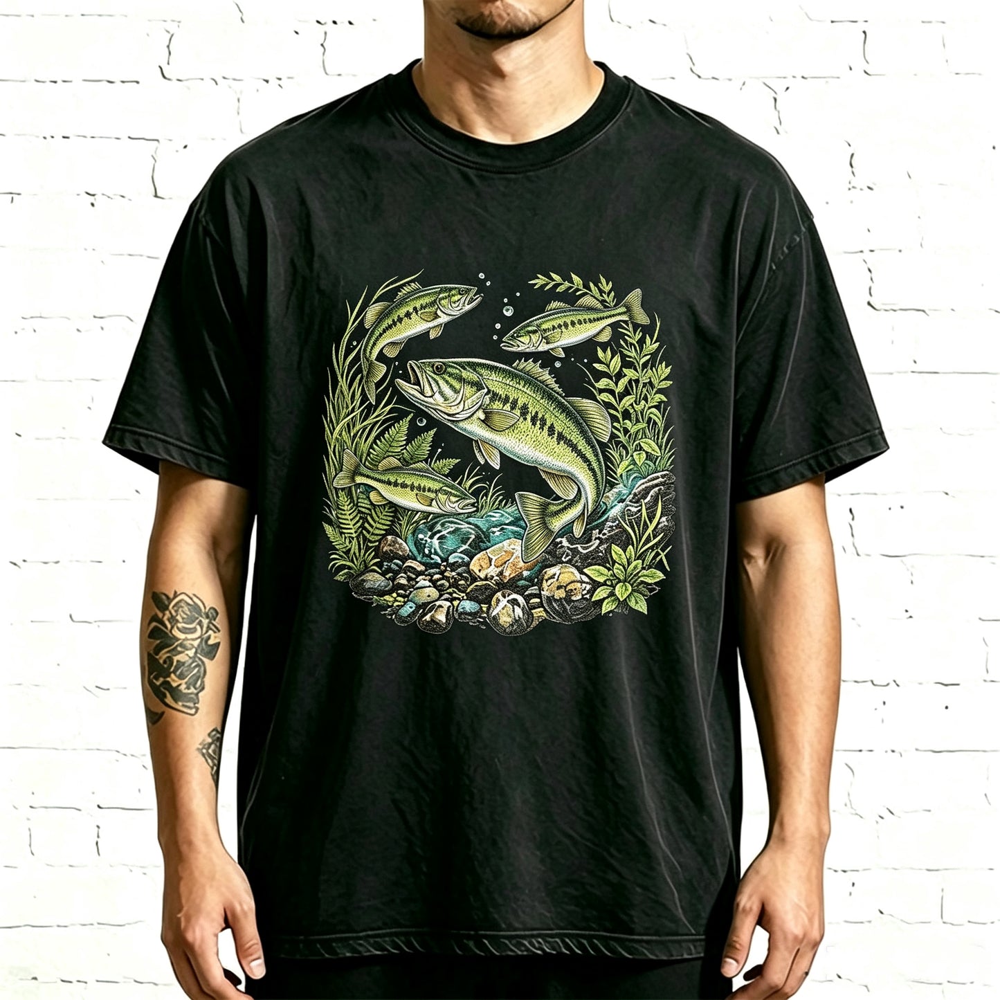 Wild Creek Bass & Aquatic Plants Nature Fish Graphic Tee