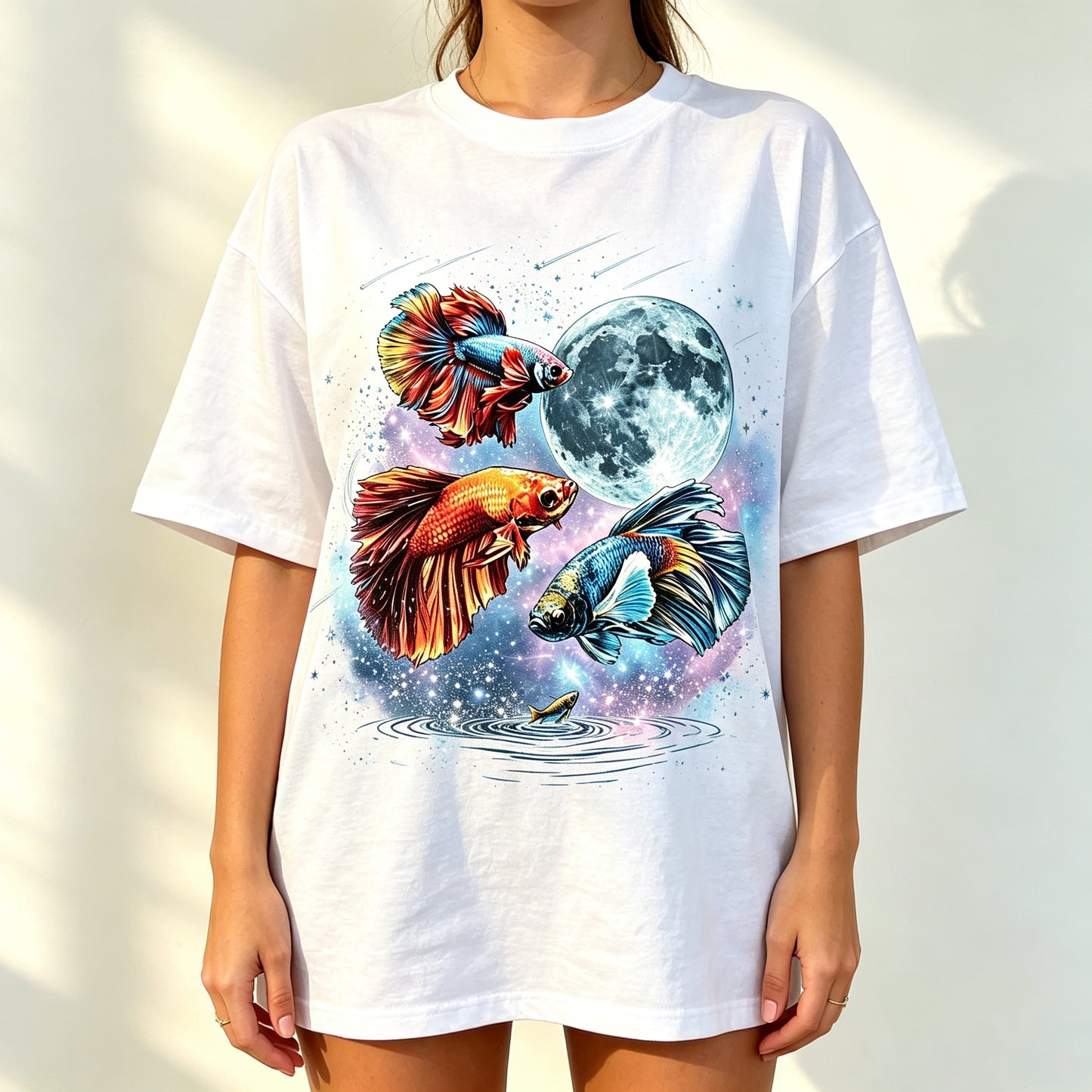 Moon Galaxy Betta Fish Watercolor Graphic Oversized Tee