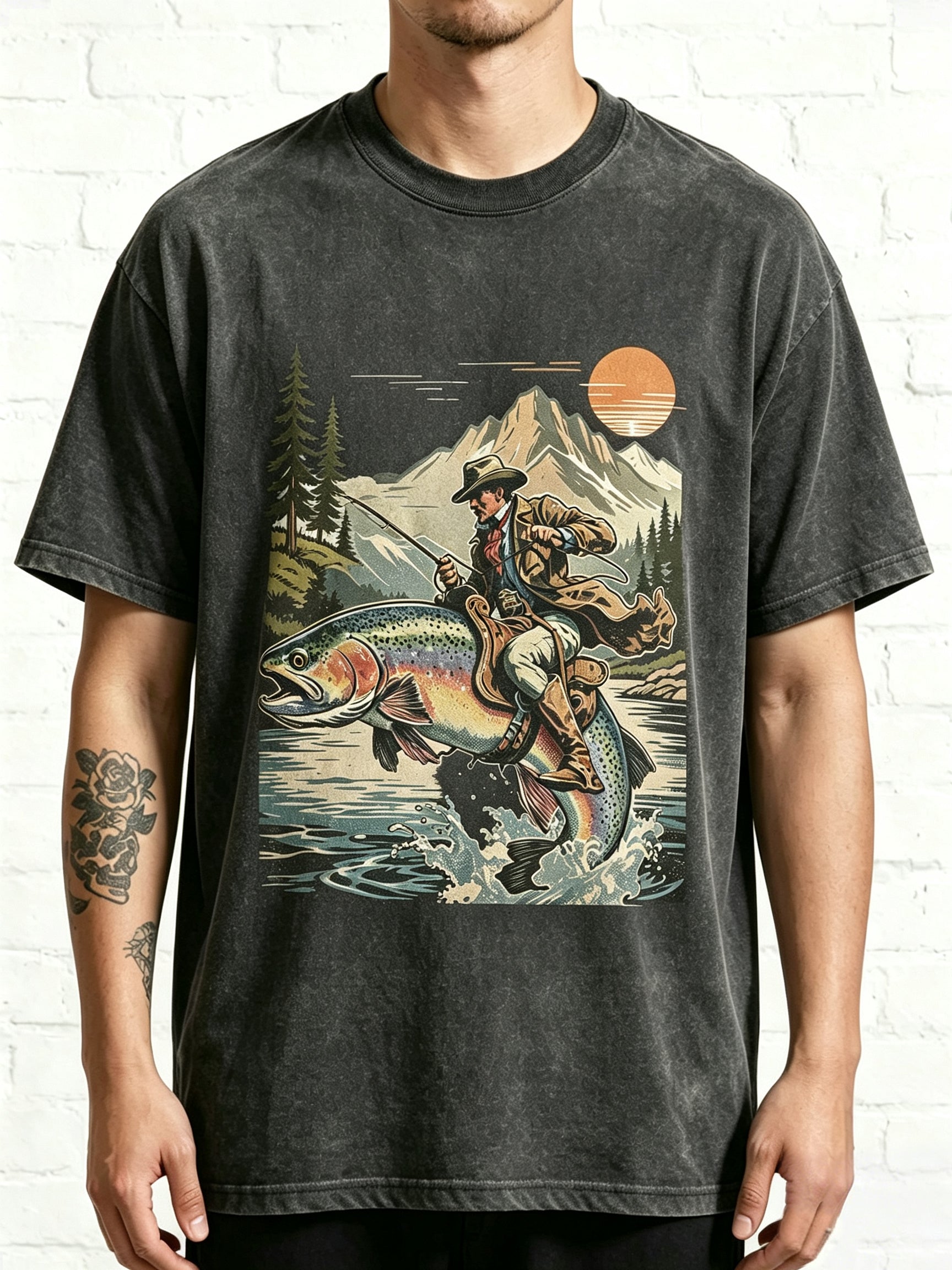 Western Cowboy Riding Jumping Trout Retro Fishing Graphic T-Shirt